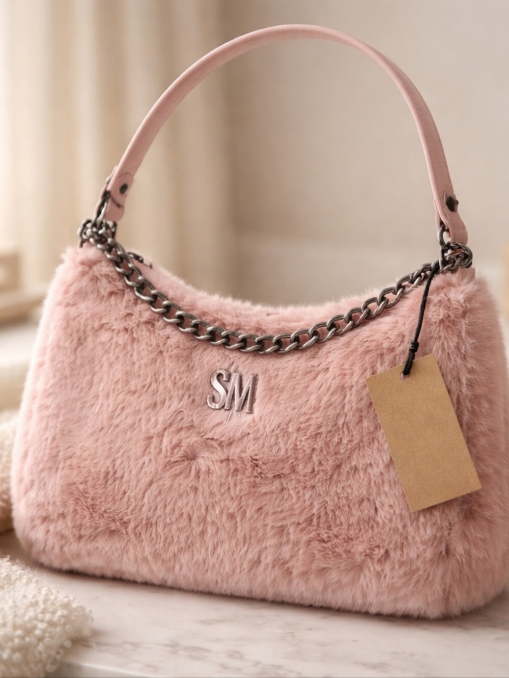 Steve Madden Pink Faux Fur Shoulder Bag with Chain Detail
